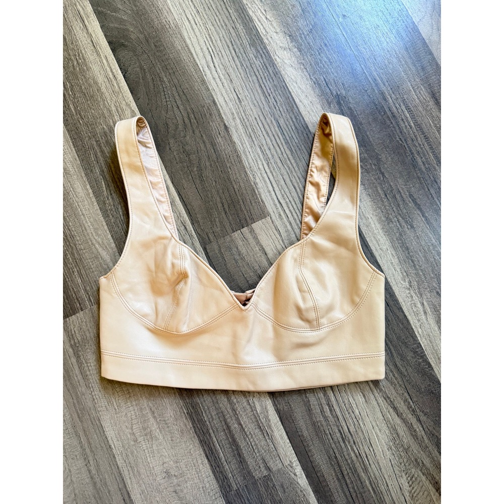 Bardot Faux Leather Bralette Women US 2 XXS Beige Excellent V-Neck Zip Crop Top
